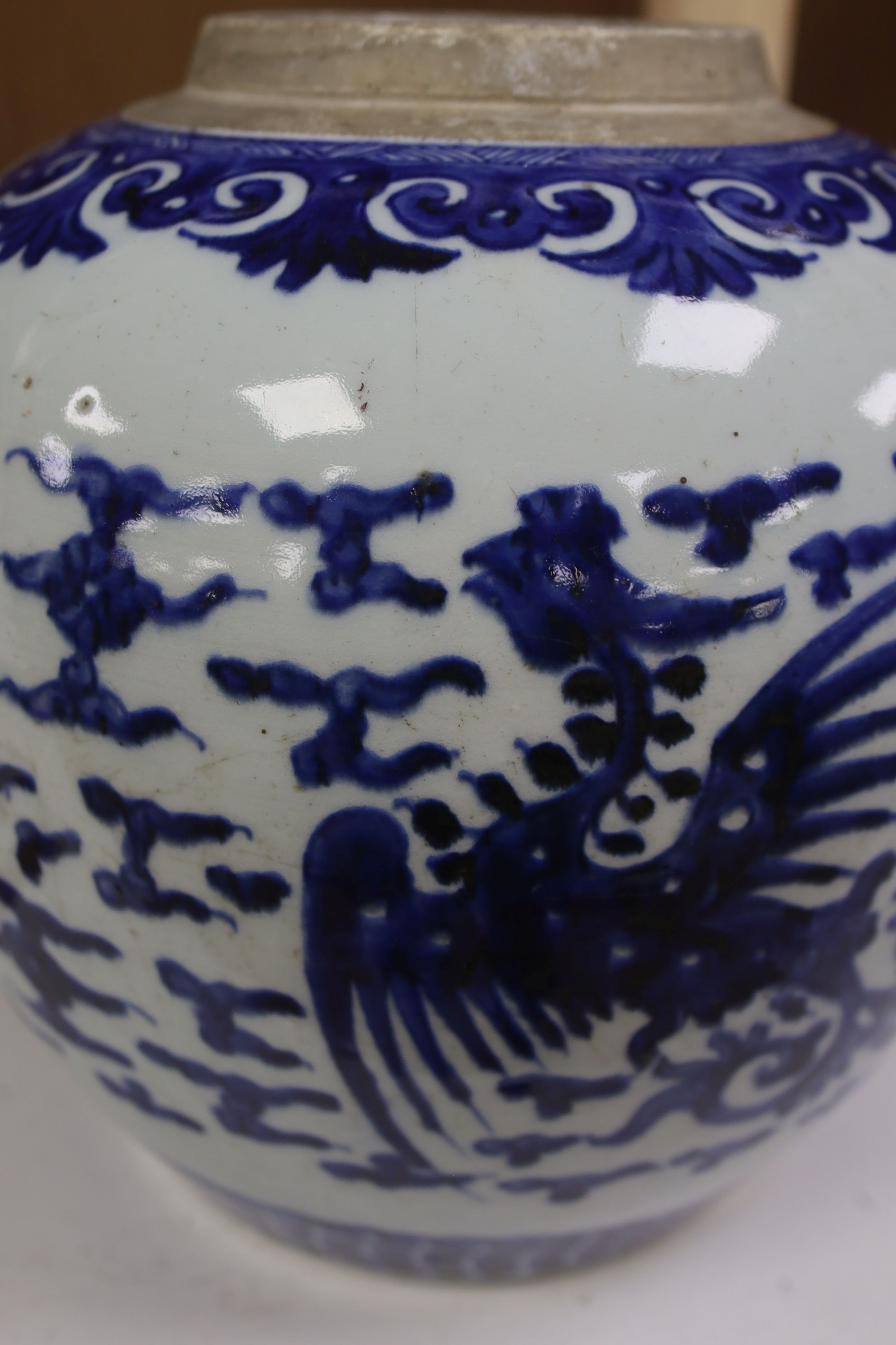 A Chinese blue and white ‘phoenix’ jar, 18th/19th century, 23 cm high